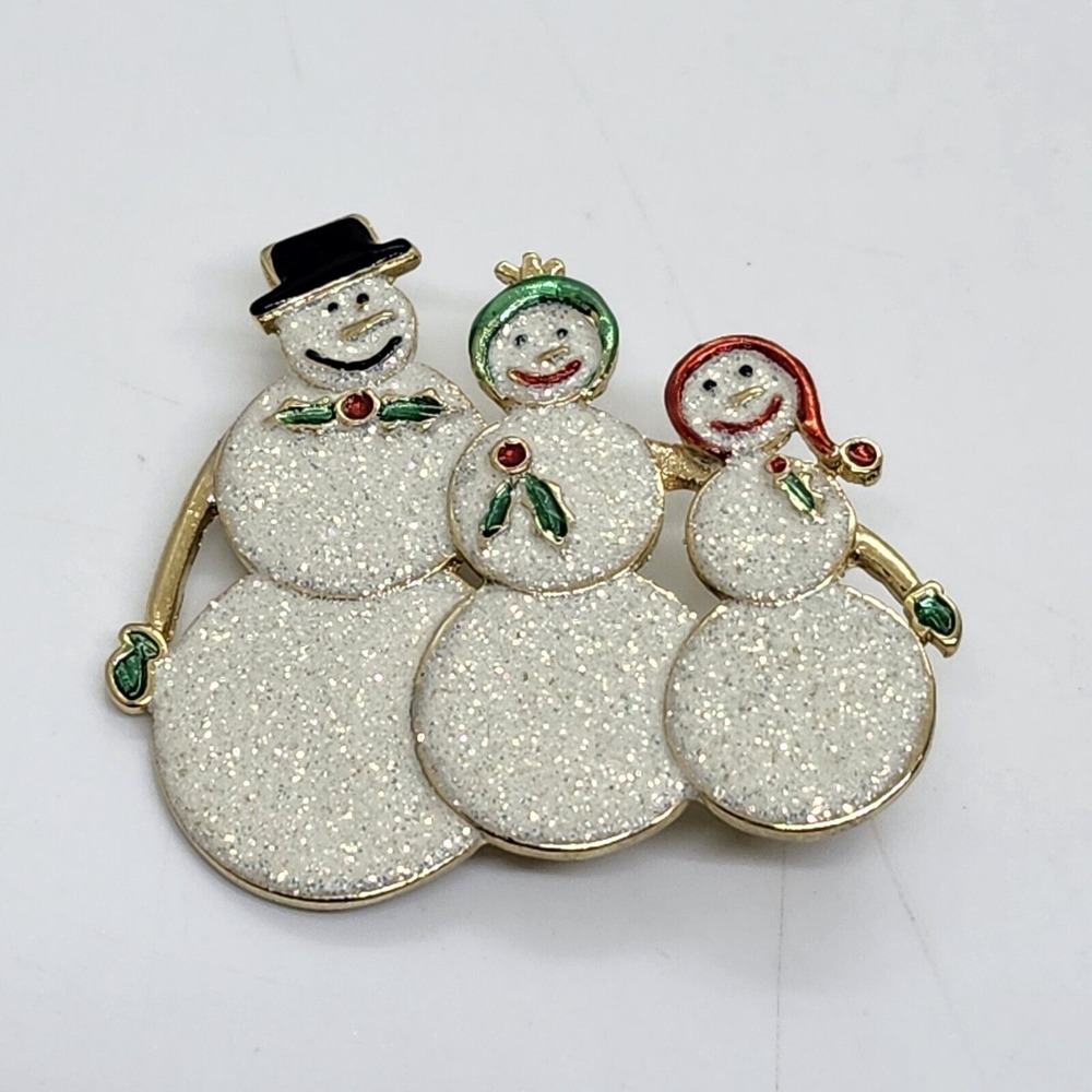 Snowman Family Frosted Enamel DANECRAFT Vintage Gold Brooch 1.5" Christmas